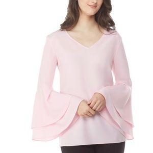 Peter Nygard Flowy Tiered Long Bell Sleeve Blouse V Neck Candy Pink Dressy